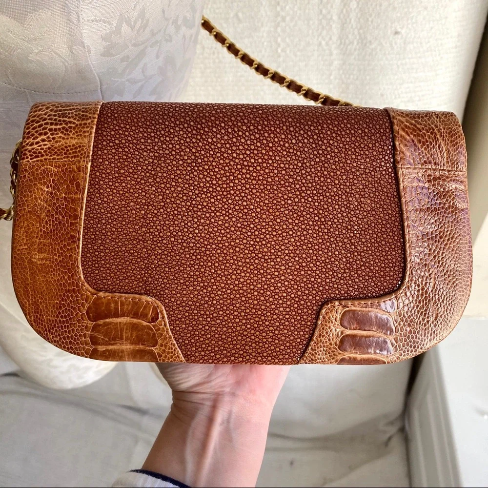 Dannijo Stingray & Alligator Leather Crossbody Box Bag Tan Purse - Picture 3 of 8